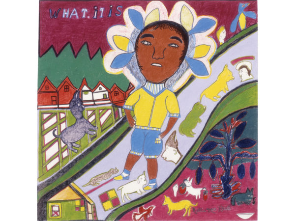 Figure with flower petals around their head walking down a blue road surrounded by small animals and smiling faces. The words "What it is" are in the top left.