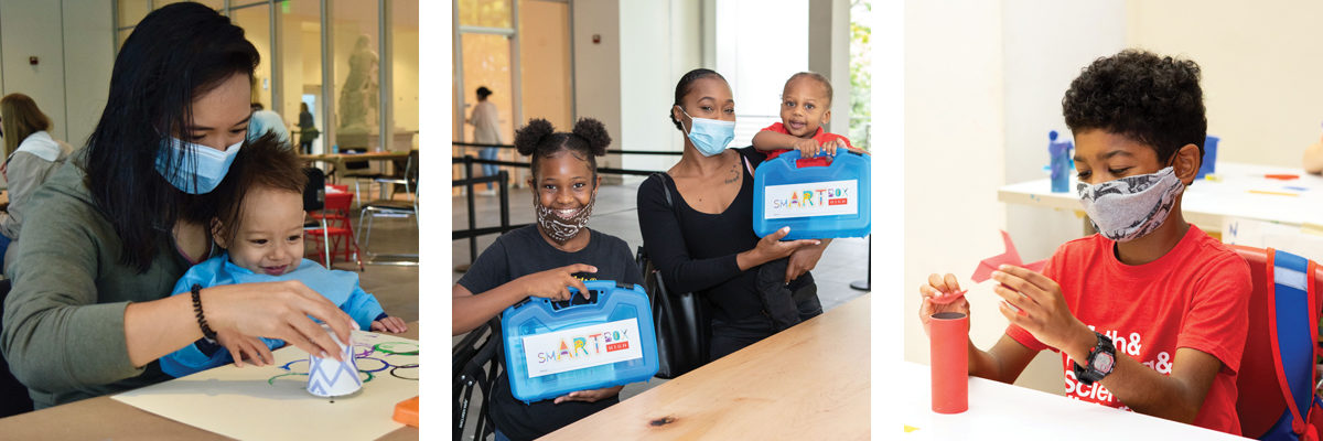 A mother helps her child with an art project at left. A woman and her two children hold up their smArt boxes. At right a boy works on an art project during summer camp.