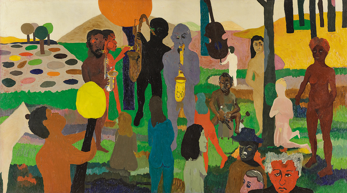 A group of multi-colored figures, many playing musical instruments, gather in a group of trees at the edge of a pasture.