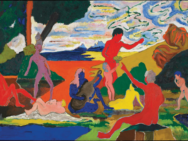 A group of nudes ranging in color from bright red, yellow, and blue, lounge and frolic in a clearing with multi-colored fields and hills behind them.
