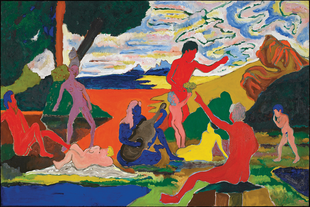 A group of nudes ranging in color from bright red, yellow, and blue, lounge and frolic in a clearing with multi-colored fields and hills behind them.