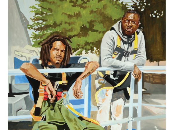 A painting showing two Black men leaning against a fence and looking out at the viewer.