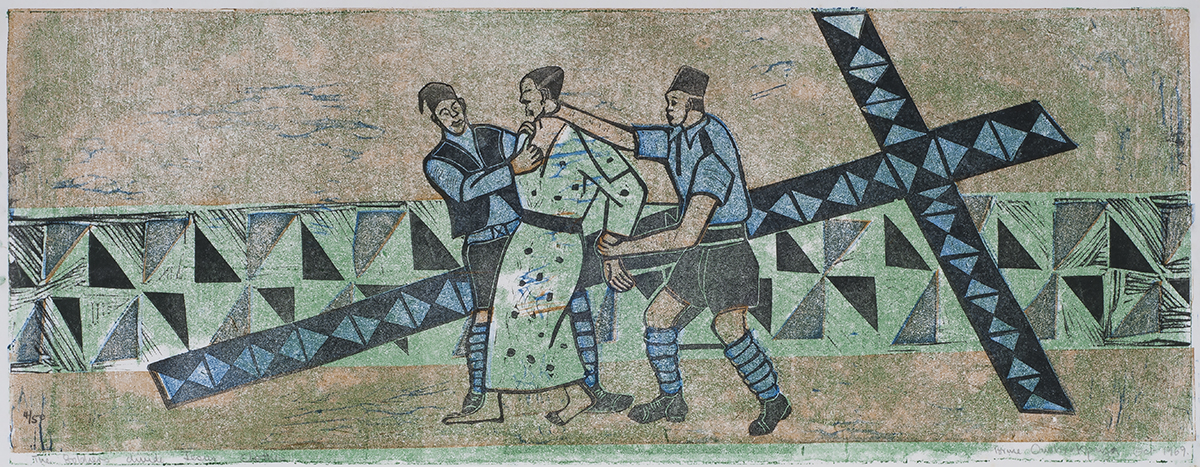 Print of a figure carrying a large cross walking while two other figures hold him and reach for his clothes.