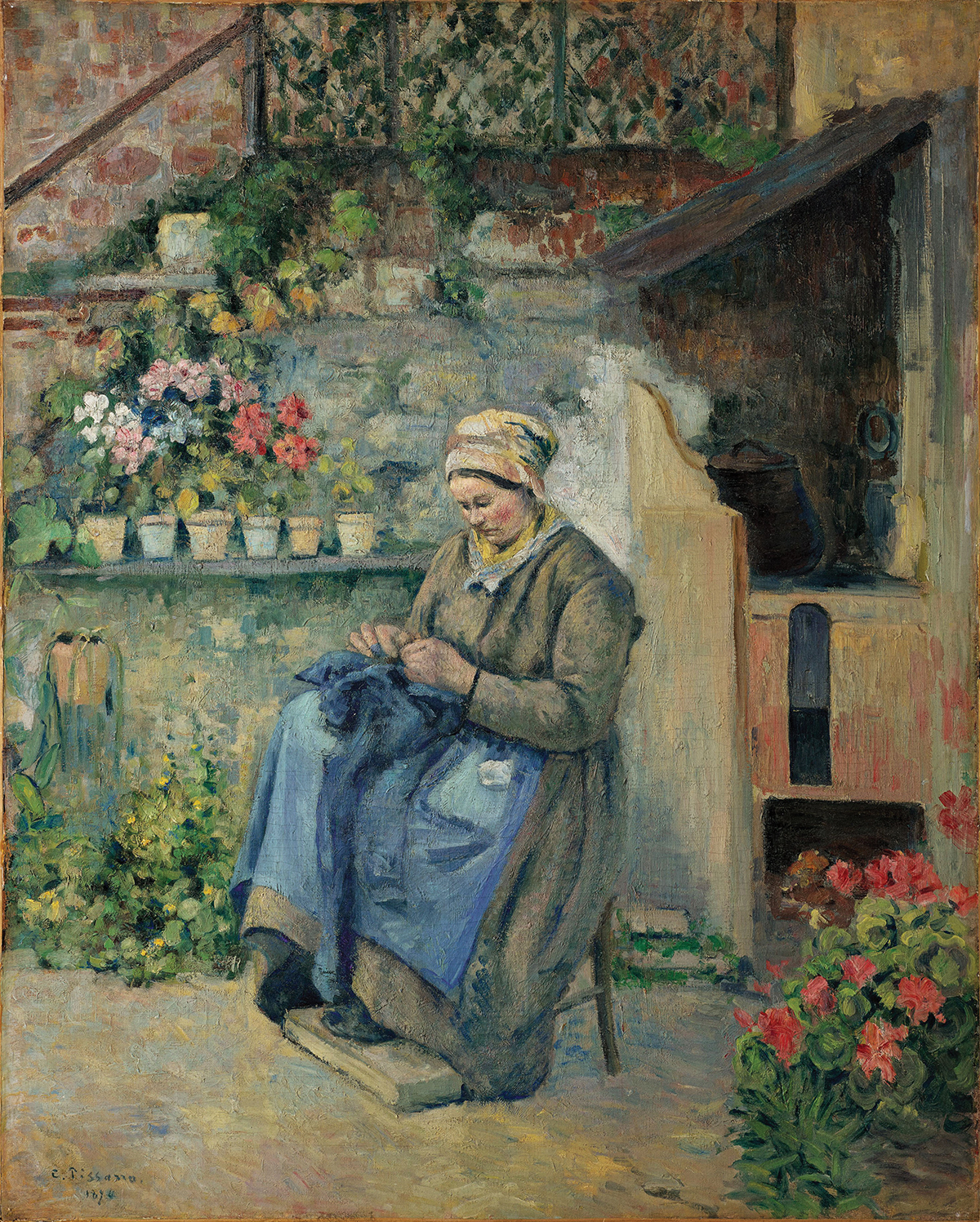 Painting of a woman in a bonnet mending clothes in front of a wall of potted flowers.
