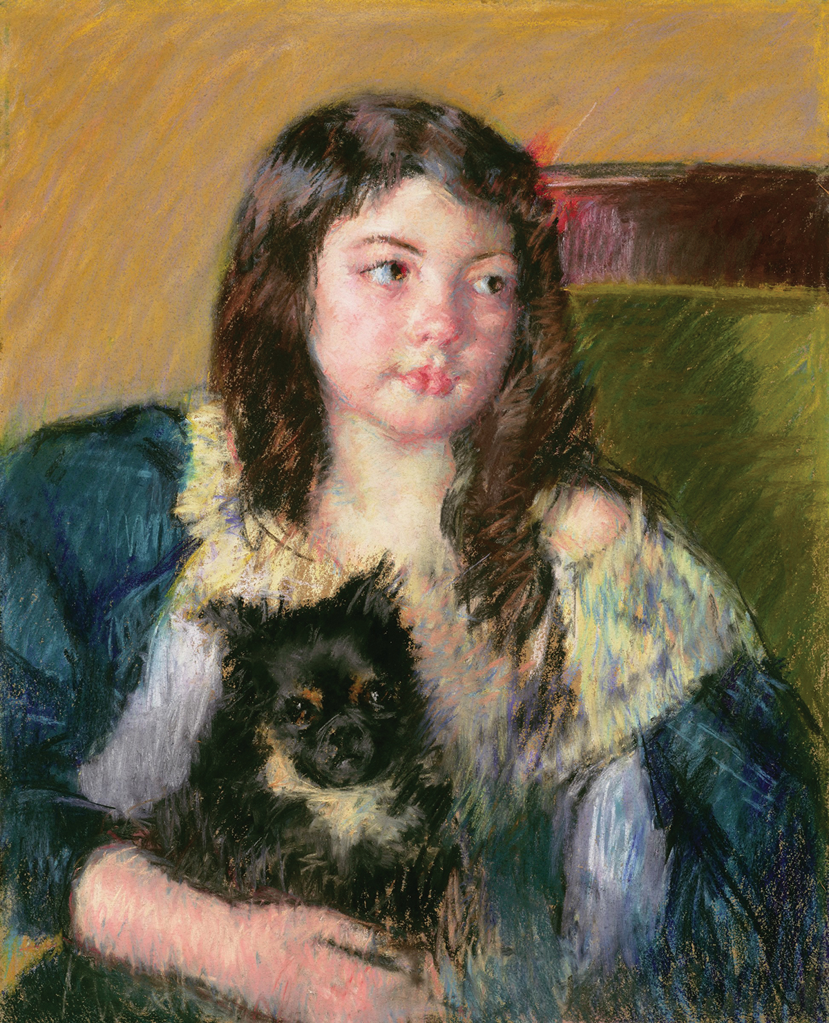 Drawing of a young girl sitting on a green upholstered chair holding a small black dog.