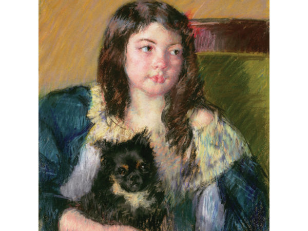 Drawing of a young girl sitting on a green upholstered chair holding a small black dog.