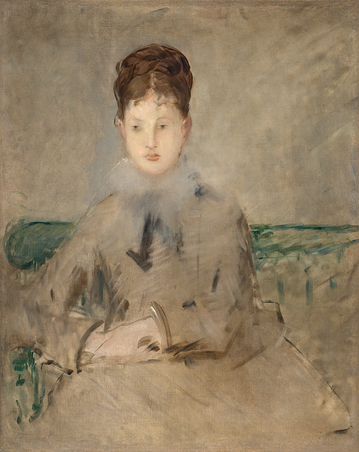 Painting of a woman in high-collared dress seated on a green chair.