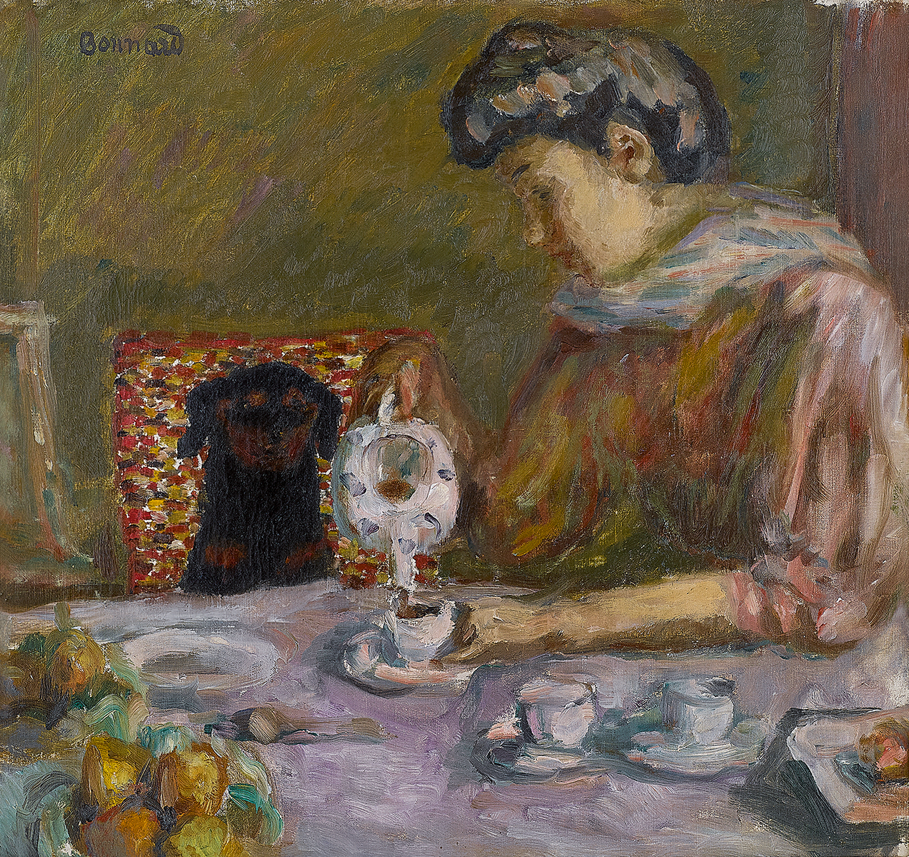 Painting of a woman seated at a table, pouring a pot of coffee watched by a small dog sitting in a chair.
