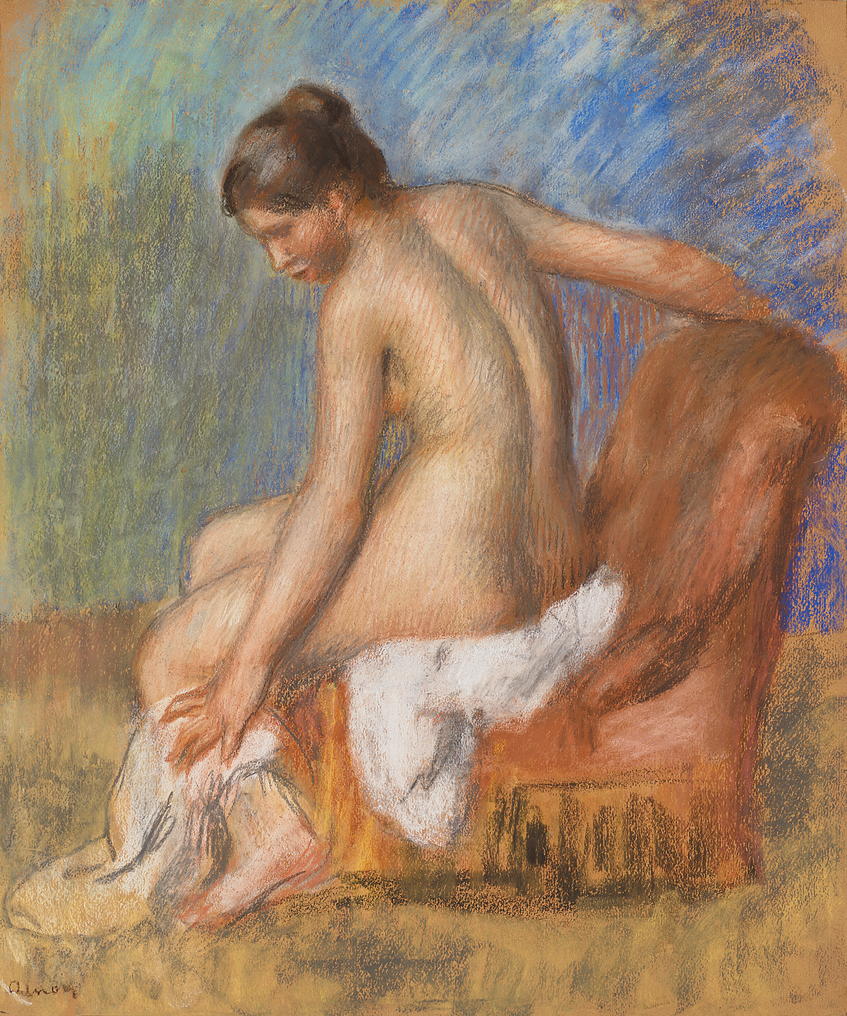 Drawing of a nude figure seated in a chair reaching towards the white fabric around her ankle.