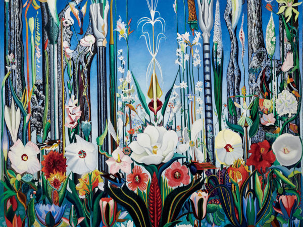 Painting of a stylized landscape with a variety of flowers, birds, and insects sitting among them.