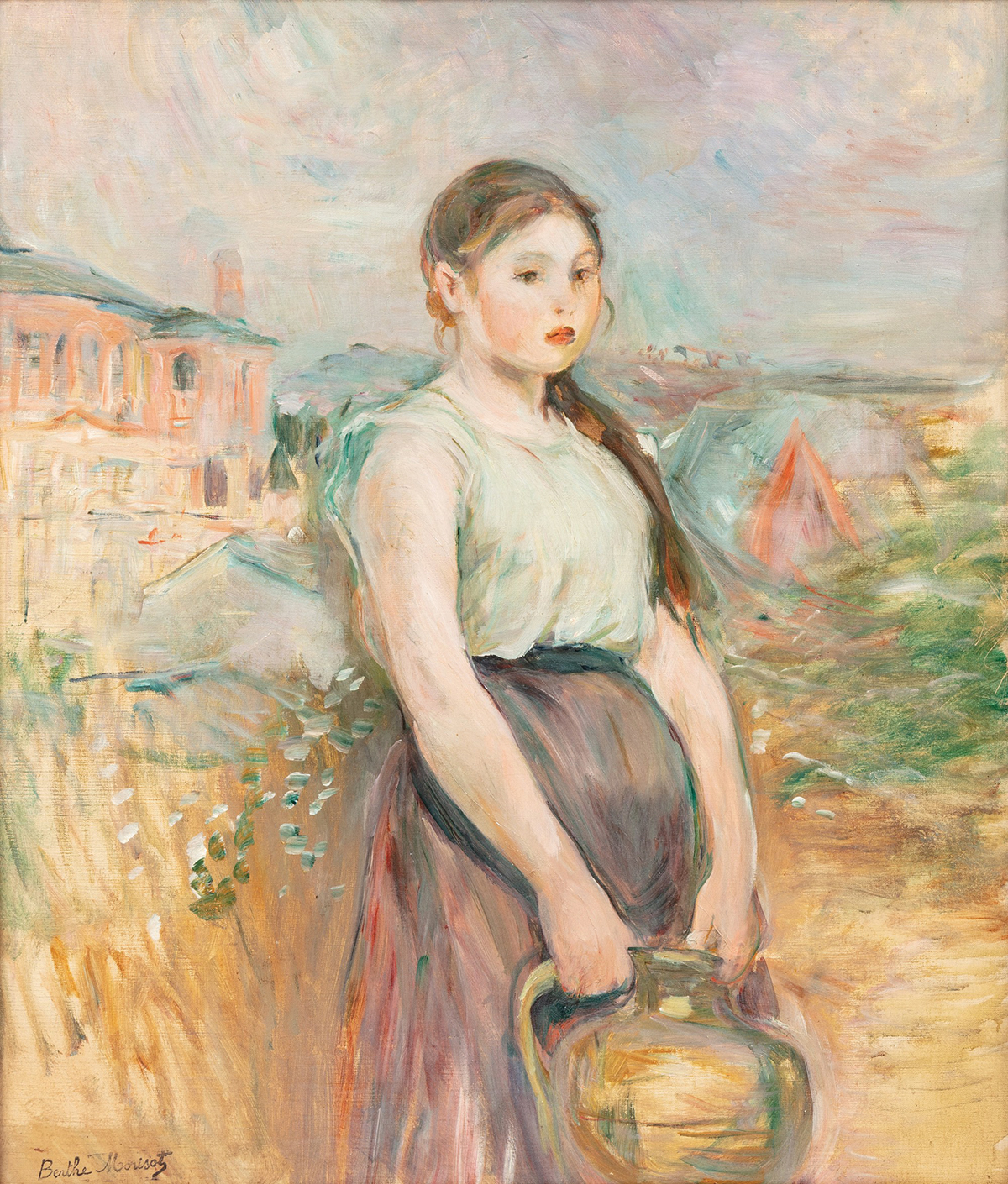 Painting of a woman holding a large jug in front of a landscape with a building to her left.